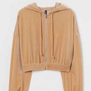Beige H&M Cropped Velour Hoodie